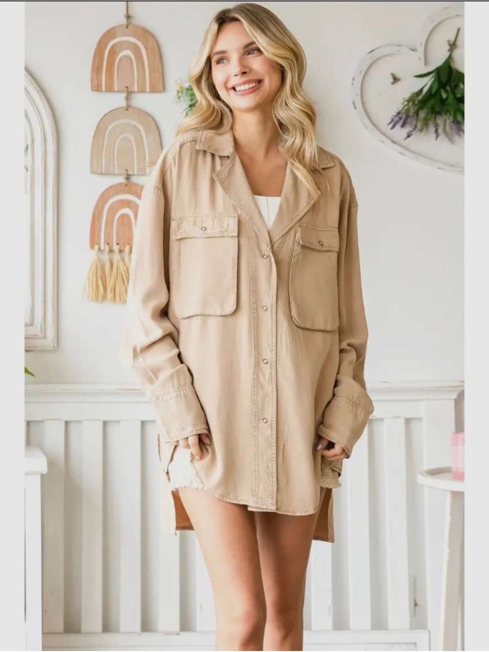 Veveret Relaxed Oversized Utility Shirt Jacket - Beige